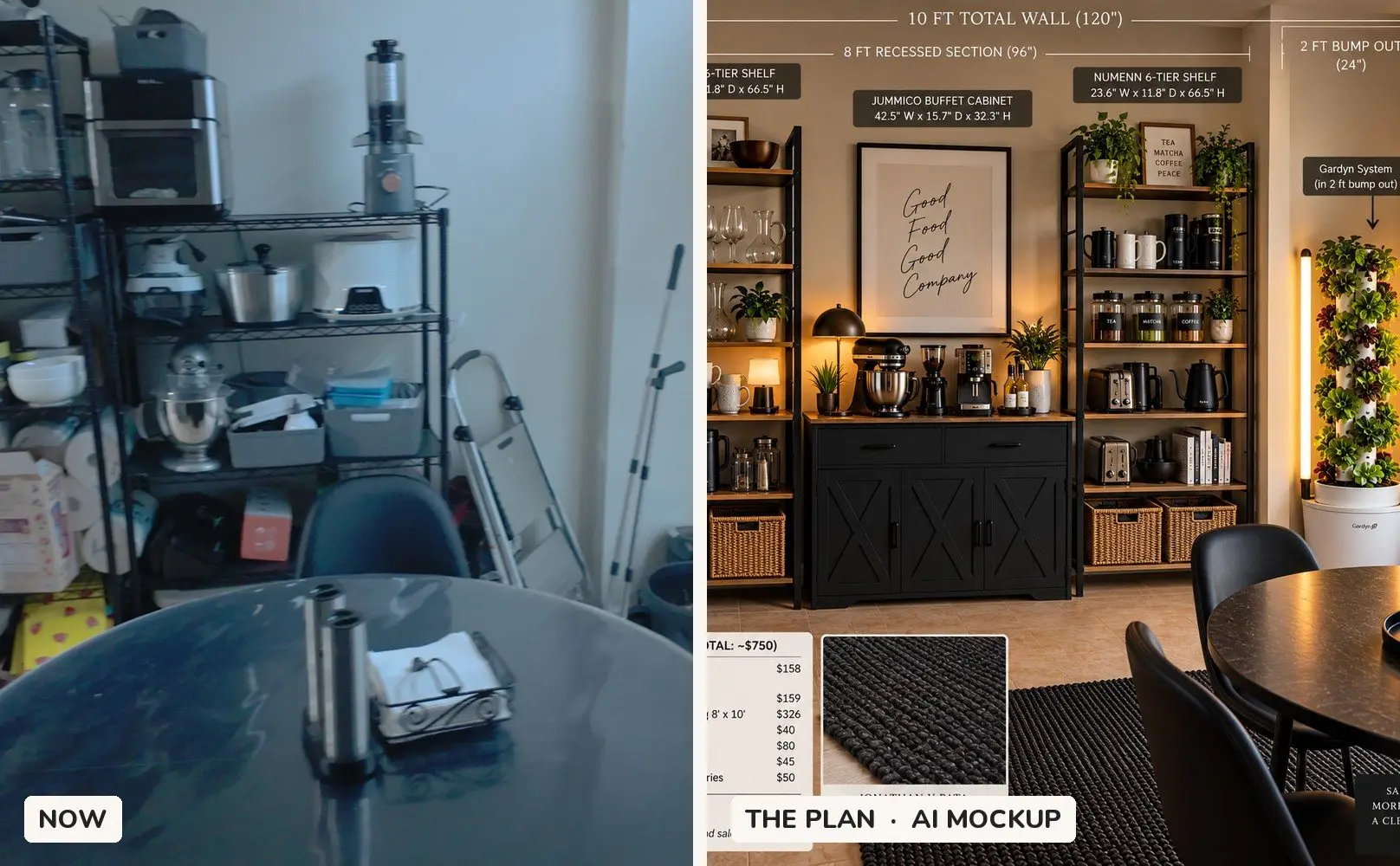 The dinette wall now, next to my AI mockup of the plan