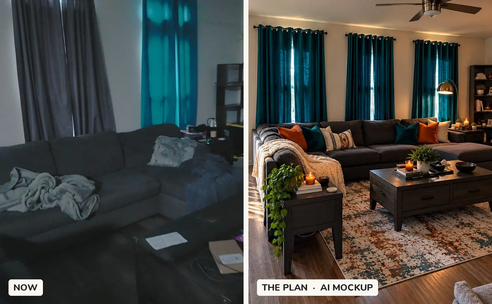 My living room now, next to my AI mockup of the plan