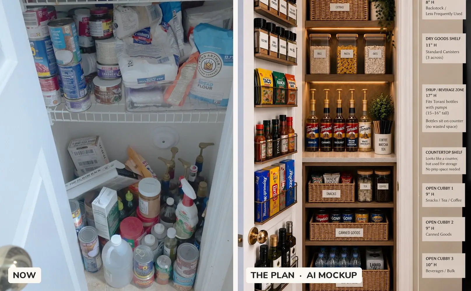 My pantry now, next to my AI mockup of the plan